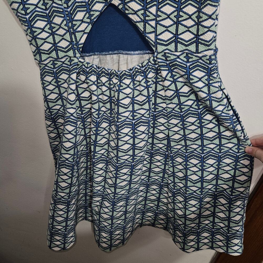 Anthropologie Maeve Green Blue Geometric Fit and Flare Cutout Mini Dress Size 12 - Picture 5 of 8